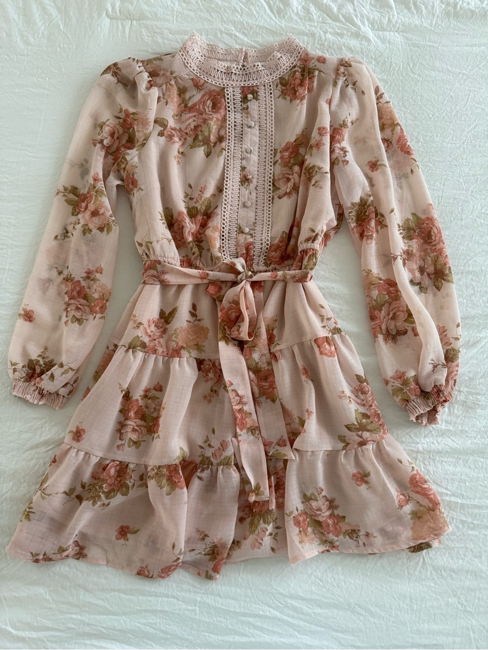 Blu Pepper Blush Floral Lace-Trim Long Sleeve Tiered Mini Dress - Picture 4 of 14